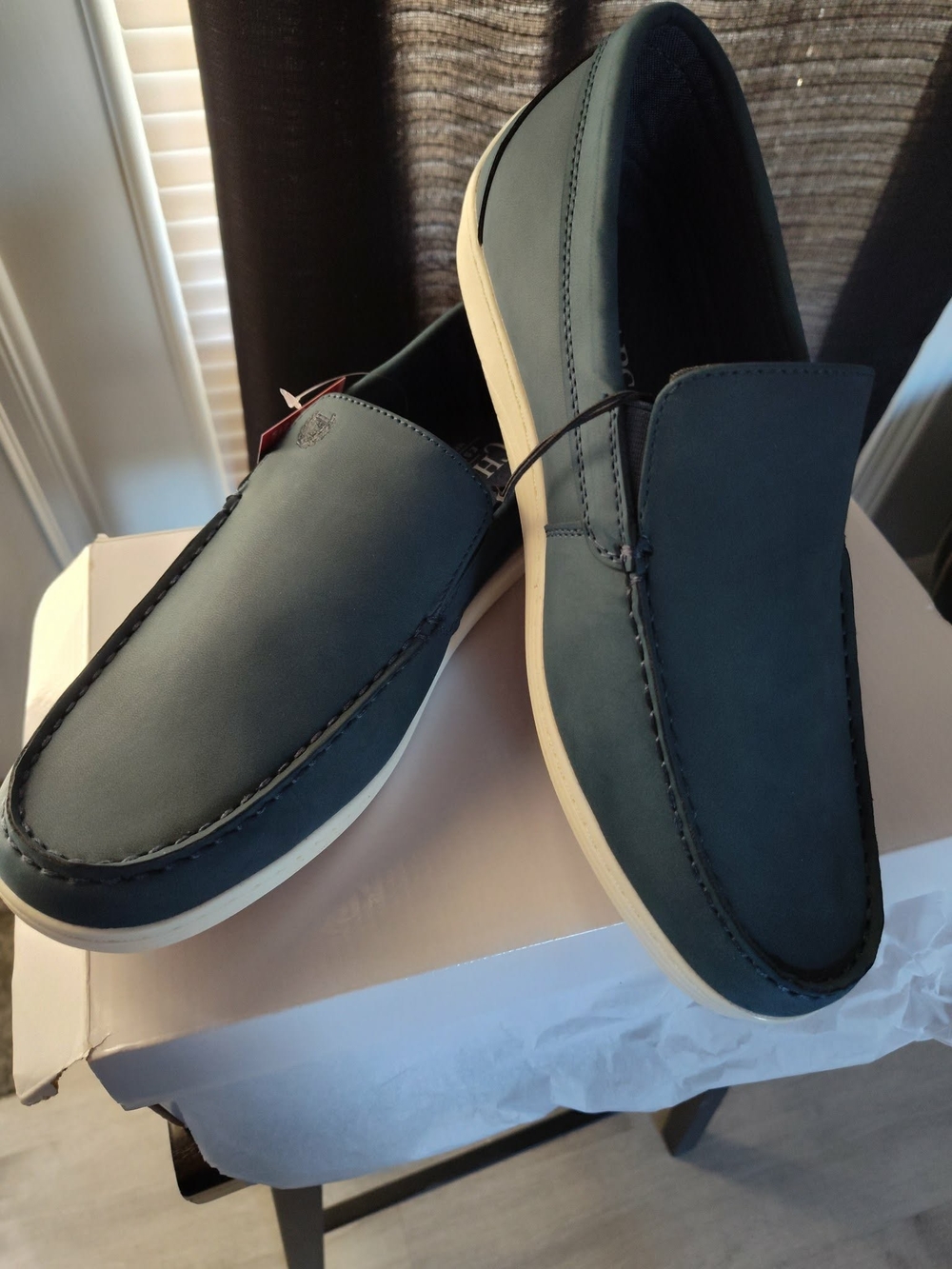 Chaps Men's Slip-On Loafers in Navy with White Sole